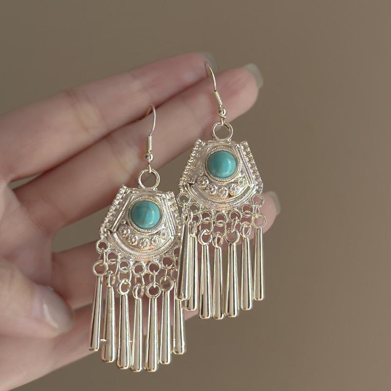 Boho Niebieskie Długie Kolczyki z Frędzlami Damskie Premium Świąteczne Wietrzne Haczyki na Uszy Retro Etniczne Wietrzne Kolczyki