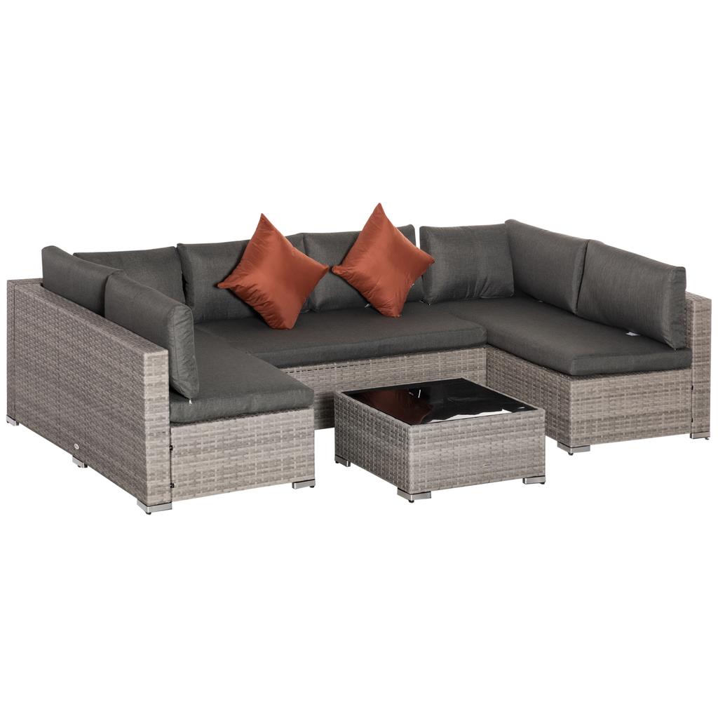 6 Seater Outdoor Rattan Sofa Set with Tempered Glass Coffee Table & Cushions, Deep Grey