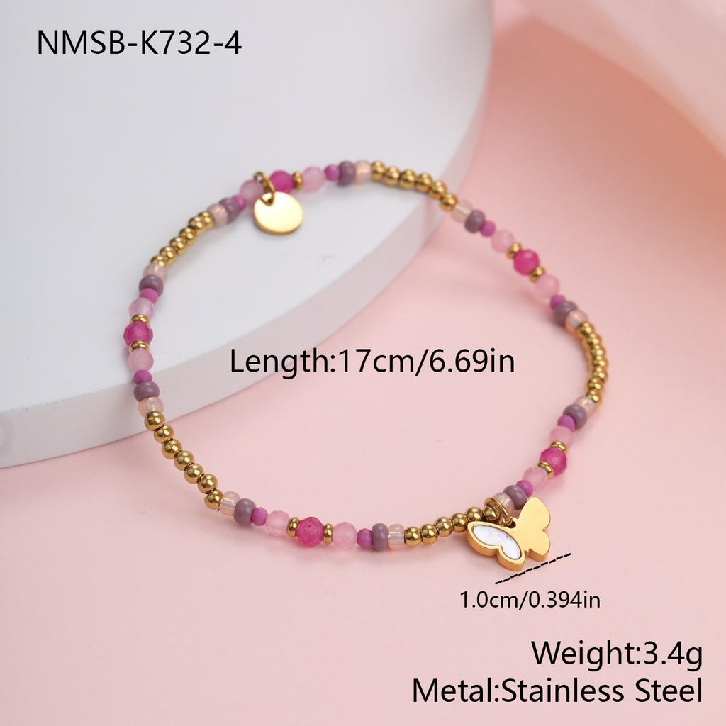 GEMCHIC Women's Multicolor Beaded Stackable Bracelets Set with Gold Butterfly Charm, Natural Stone & Stainless Steel Boho Wristband Jewelry