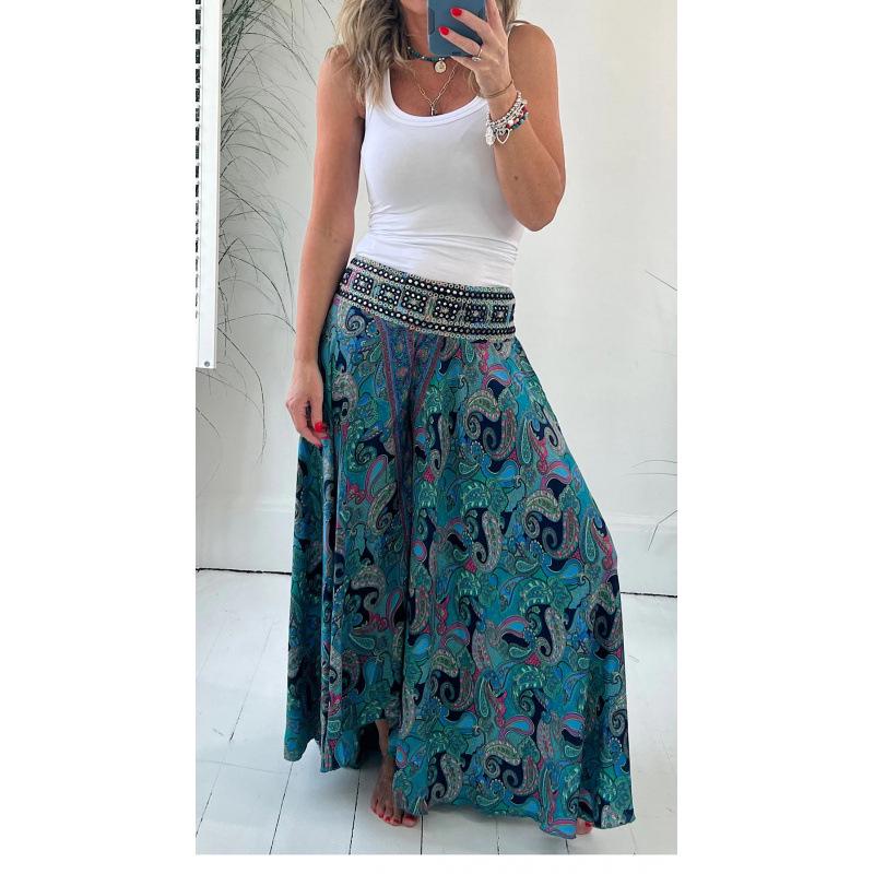 Women s 2023 European & American Style Elastic Waist Wide-Leg Casual Summer Pants Small синий