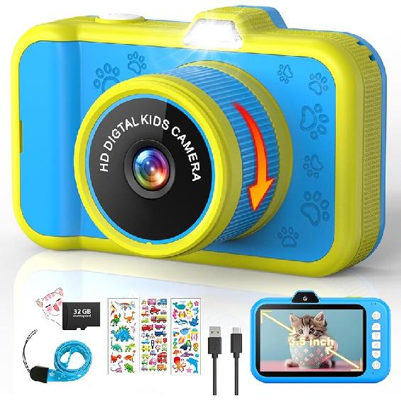 Kids Camera, Toddler Digital Camera with Rotating Zoom Lens, 3.5” Large Screen, 1080P Toy Camera for Kids with Flash, 32GB Card, Birthday Gifts for