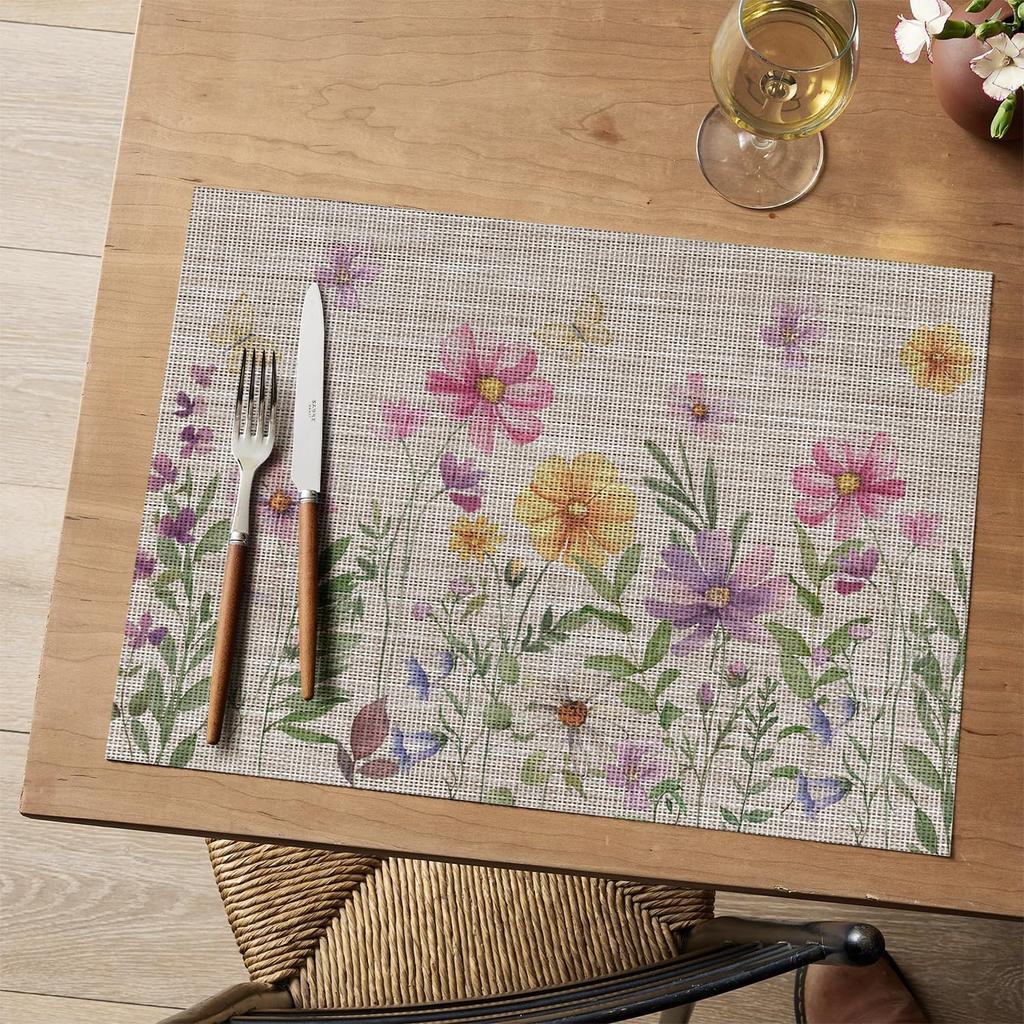 Daisy Butterfly Wild Flower Spring Placemats Set of 4, 12x18 Inch Seasonal Holiday Table Mats for Party Kitchen Dining Decoration