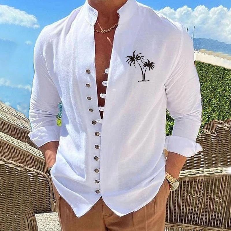 Autumn Long Sleeved Stand Up Collar Coconut Tree Printed Retro Slim Fit Men's Casual Shirts Beach Style Top Man