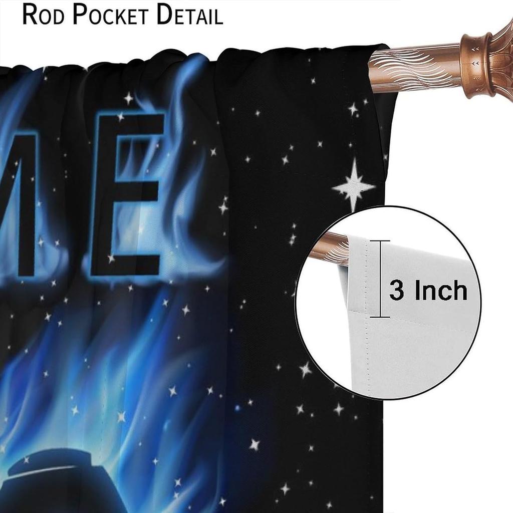 Cool Game Curtains For Boys Bedroom, Green Blue Flame Video Game Graffiti Game Controller Outer Space Stars Print Window Drapes