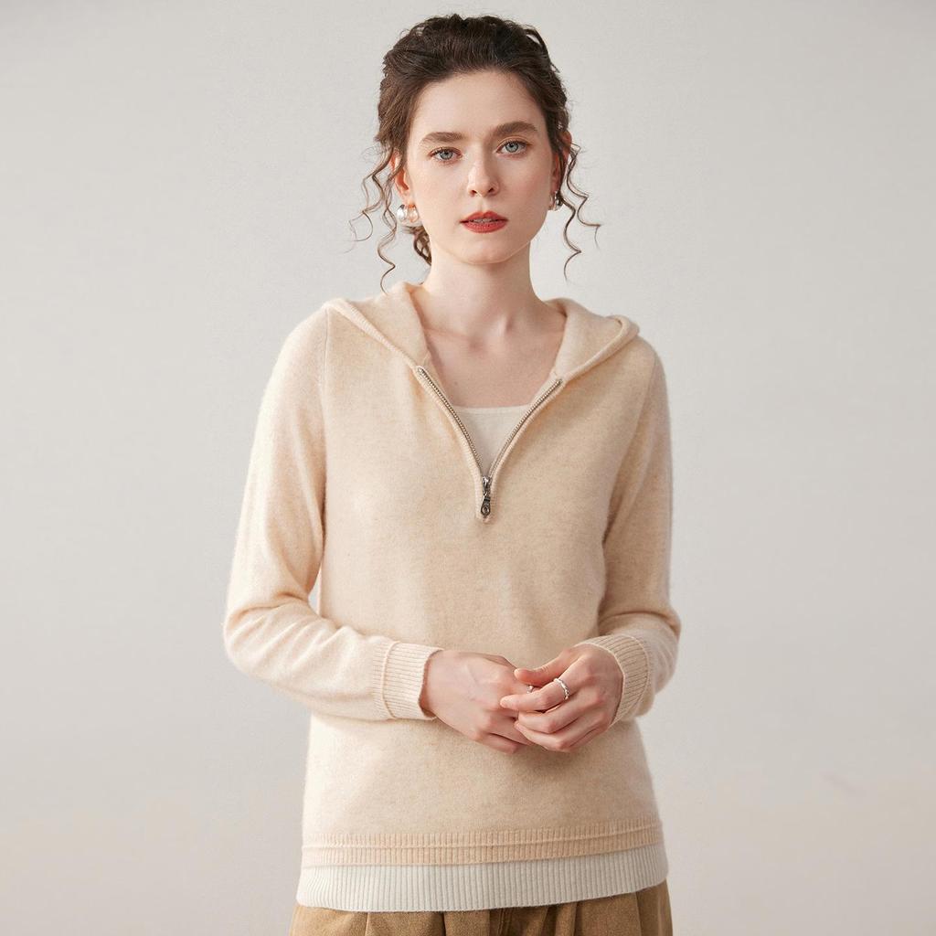 Women's Faux Two-Piece Hooded Cashmere Cardigan - Autumn/Winter Knit Outerwear Sweater