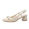 Square Head Bow Light Mouth Empty Sandals Women's Spring and Summer Medium Heel Thick Heel Mary Jane Single Shoes