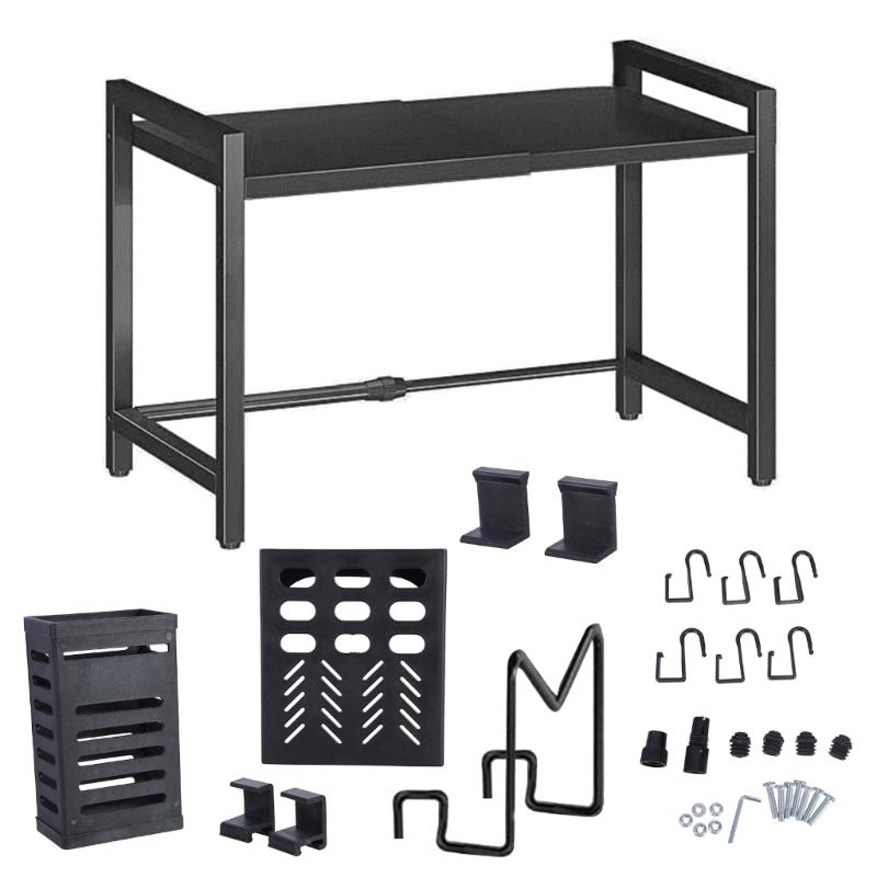Adjustable Microwave Oven Rack with Hanging Hooks Sturdy Kitchen Counter Storage Portable Carbon Steel Storage Rack