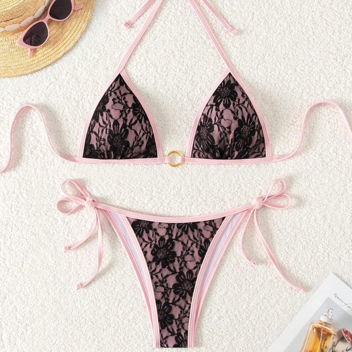 

Women s Sexy Lace Bikini Set New Arrival Pink Triangle Swimwear, European Style Bathing Suit XL рожевий
