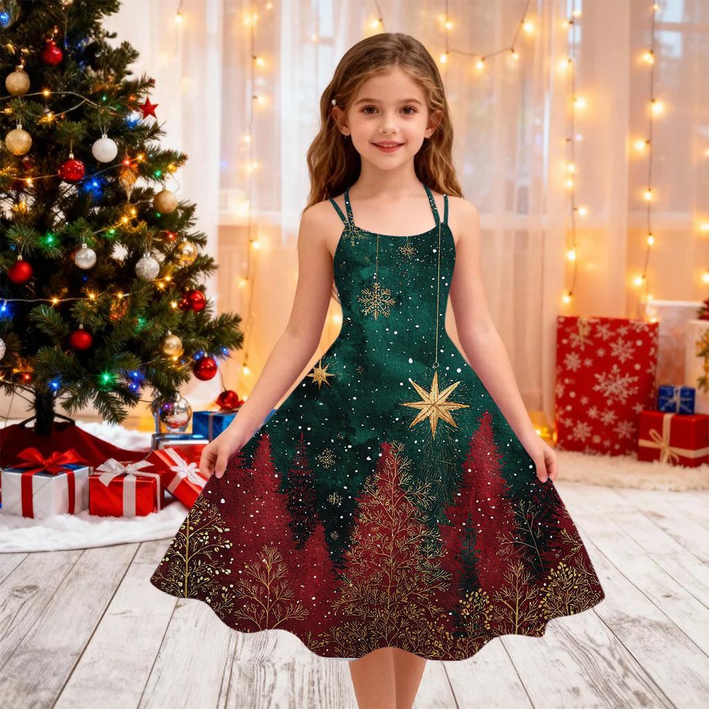 Kindermode Lässig Weihnachts-Print Sexy Schulterfrei Punk Retro Kleid