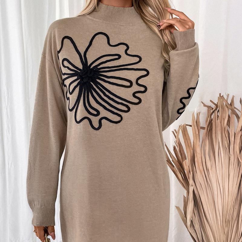 Women Knitted Sweater Dress Flower Printed Turtleneck Full Sleeve Autumn Winter Temperament Office Lady Mini Dresses