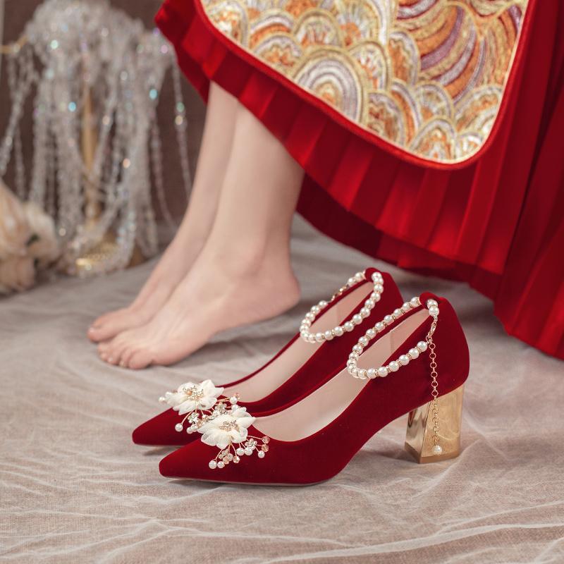 Fashion Comemore Red High Heel Chinese Style Bridal Wedding Shoes Women 2024 Beaded Women's Shoe Pointed Toe Pumps Fashion Pump Heels 34