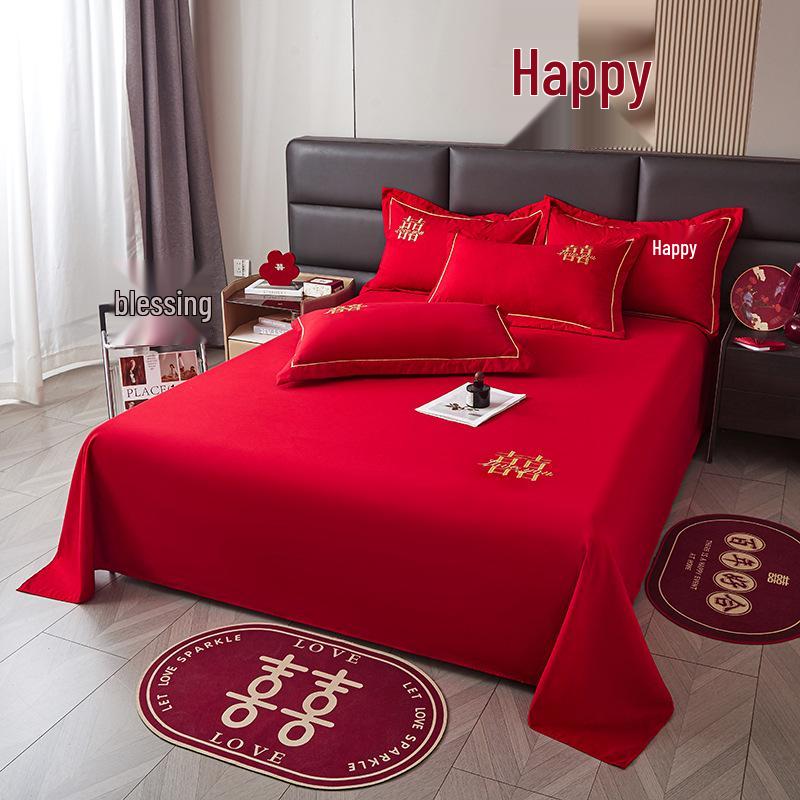 Red Embroidered Wedding Bedding Set: Duvet Cover, Bed Sheet, Pillowcase & Bed Skirt.