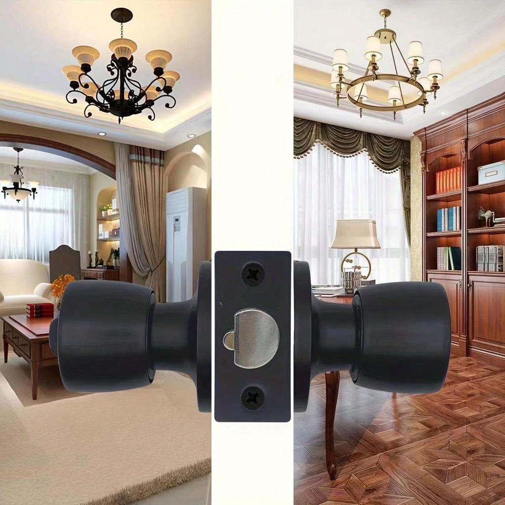 1 Set Matte Black Round Ball Door Knob with Lock and Key - Secure Interior/Exterior Door Hardware for Bedroom, Bathroom, Entry D