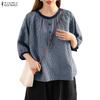 ZANZEA Women Casual Round Neck 3/4 Sleeve Grid Print Loose Blouse