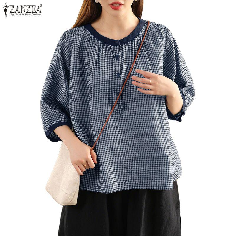 ZANZEA Women Casual Round Neck 3/4 Sleeve Grid Print Loose Blouse