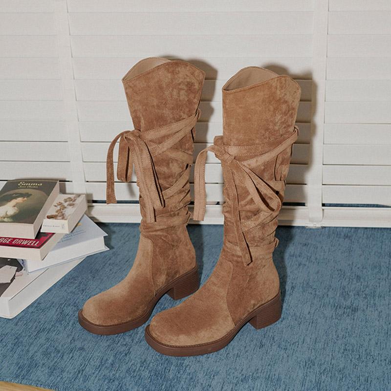 

New Vintage Tassels Women Western Cowboy Boots Autumn Ladies Causal Thick Heel Long Botas De Mujer 40