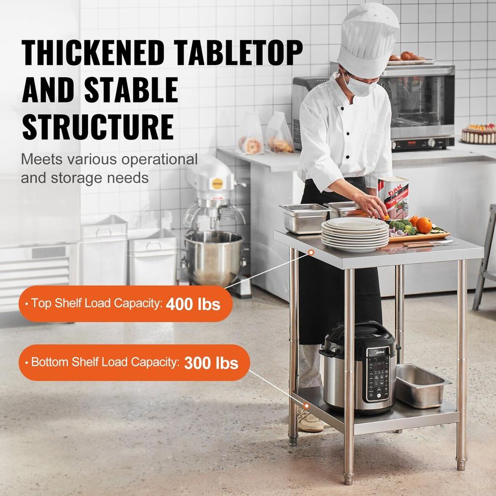 Stainless Steel Work Prep Table Commercial Worktable Food Prep 24x24x34in