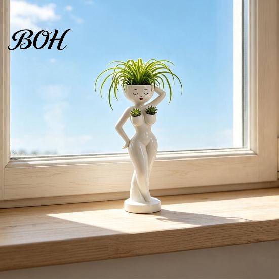 Layered Green Plant Landscape Pot Funny Female Figure Planter with Drainage Holes, Elegant Lady Flower for Small Windowsill Succulents, Lazy