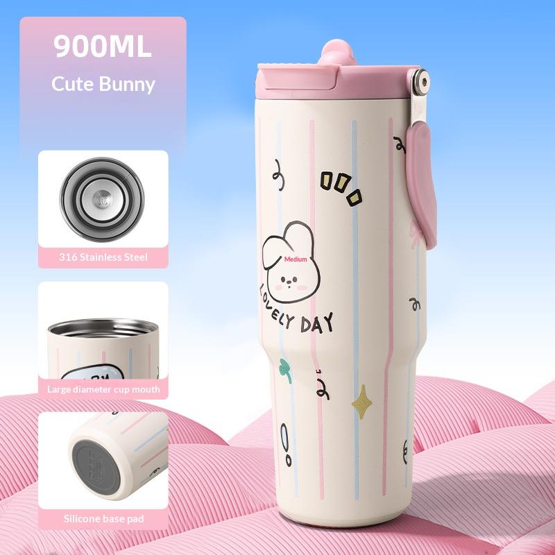 Cartoon Animal Thermos Cup Large Capacity Stylish Portable Straw Cup Outdoor Women's Insulated Coffee Mug
