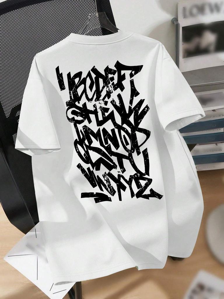 Back Big Graffiti Alphabet Print T Shirt Vintage Crack Letter Graphic Tee Hip Hop Y2k Streetwear Unisex Loose Short Sleeve Tops
