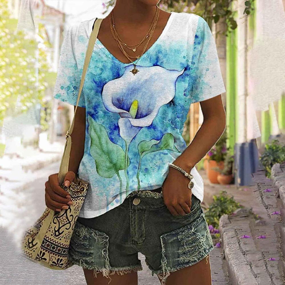 Summer Floral Vintage 3D Print T-Shirts Women V-Neck Short Sleeve T Shirt Y2K Flower Tees Oversized Harajuku Top Female Clothing