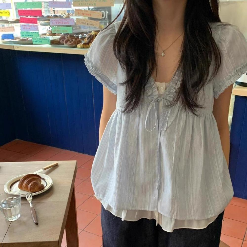 French Blue Fake Two-Piece Puff Hem V-Neck Blouse Women's Summer Design Sense Age-Reducing Loose Short Sleeve Baby Shirt Top