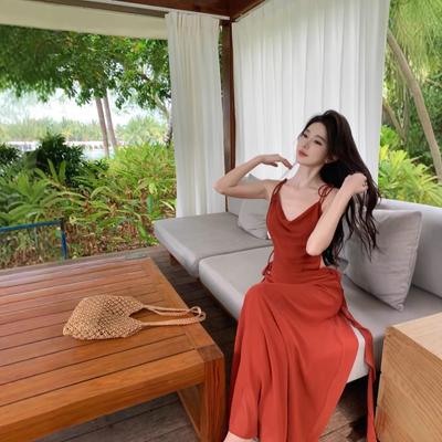 French Red Swing Neck Dress, Seaside Vacation Slip Dress, Early Spring Backless Long Dress, Red Dress for Women, Summer