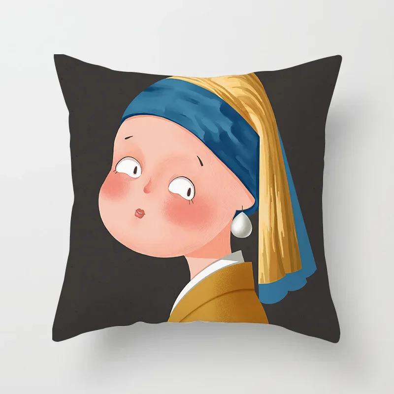 Creative Cartoon Oil Painting Mona Lisa  Gogh Cushion Cover Portrait Painting Throw Pillow Case Cojines Decorativos Para Sofa