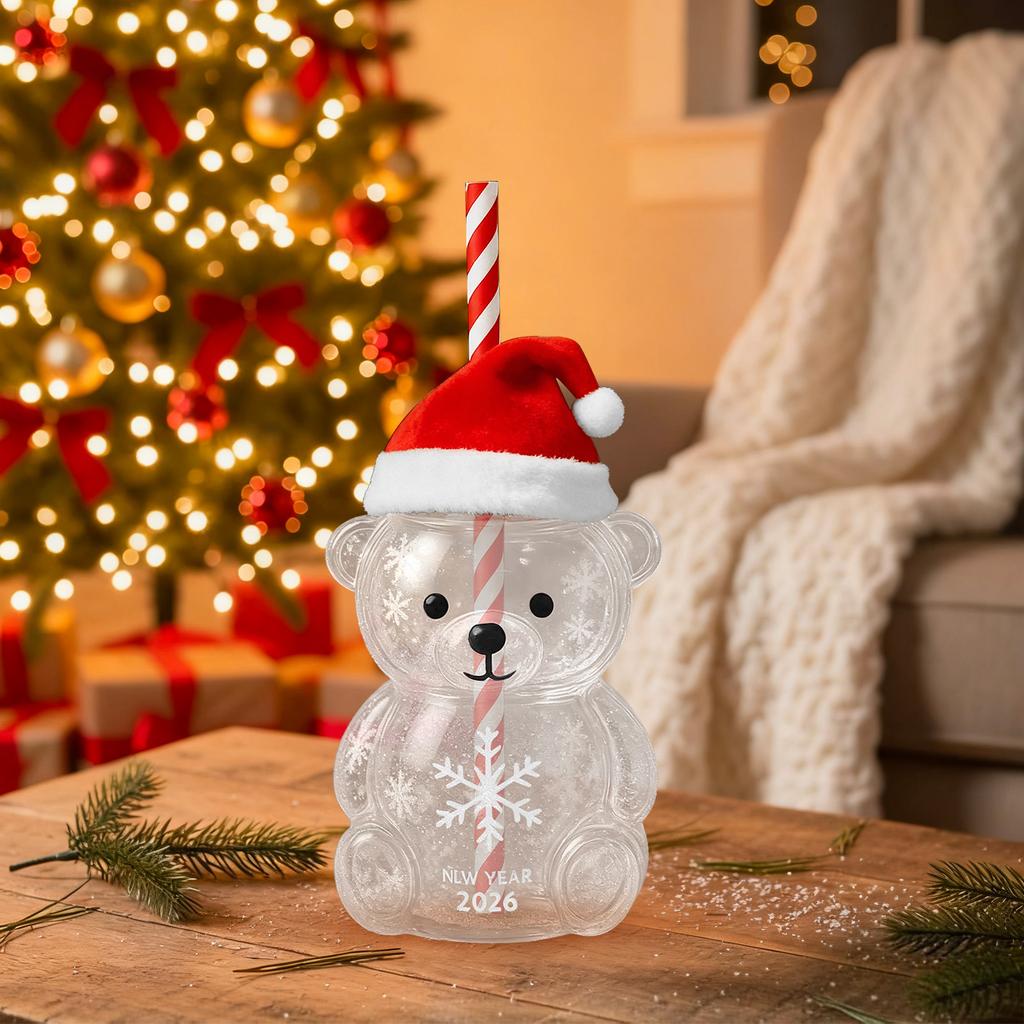 Kubek ze szklaną słomką w kształcie misia: Uroczy przezroczysty design, kubek na wodę z zielonym kapeluszem