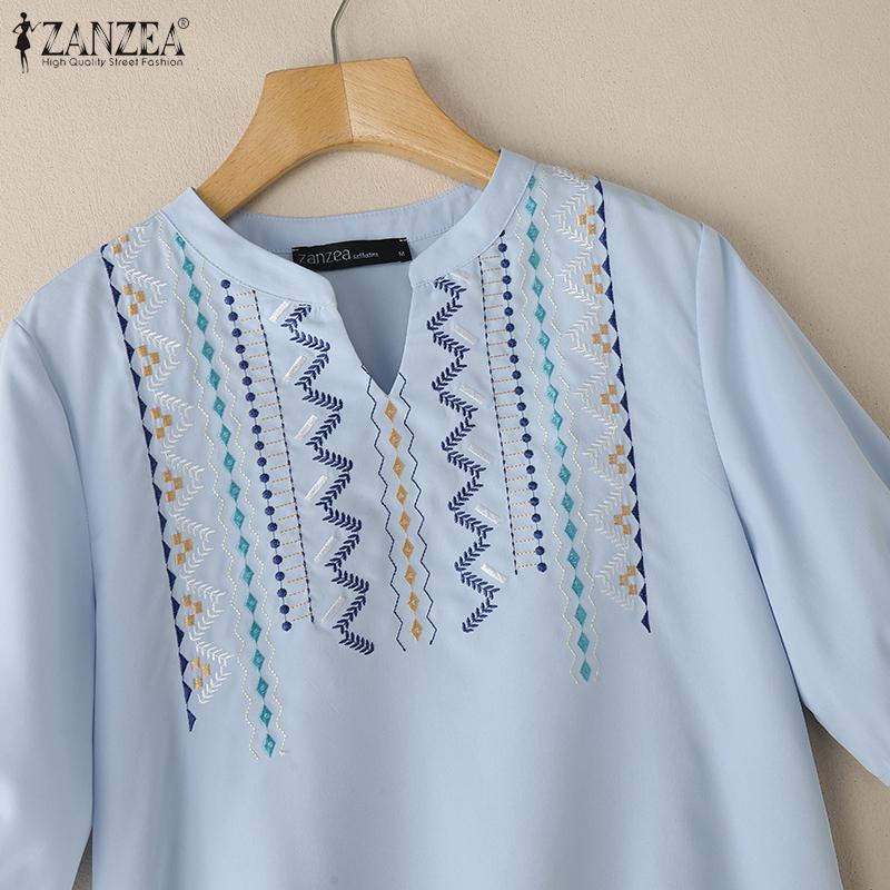 ZANZEA Women Casual V-Neck Summer Short Sleeve Print Blouse