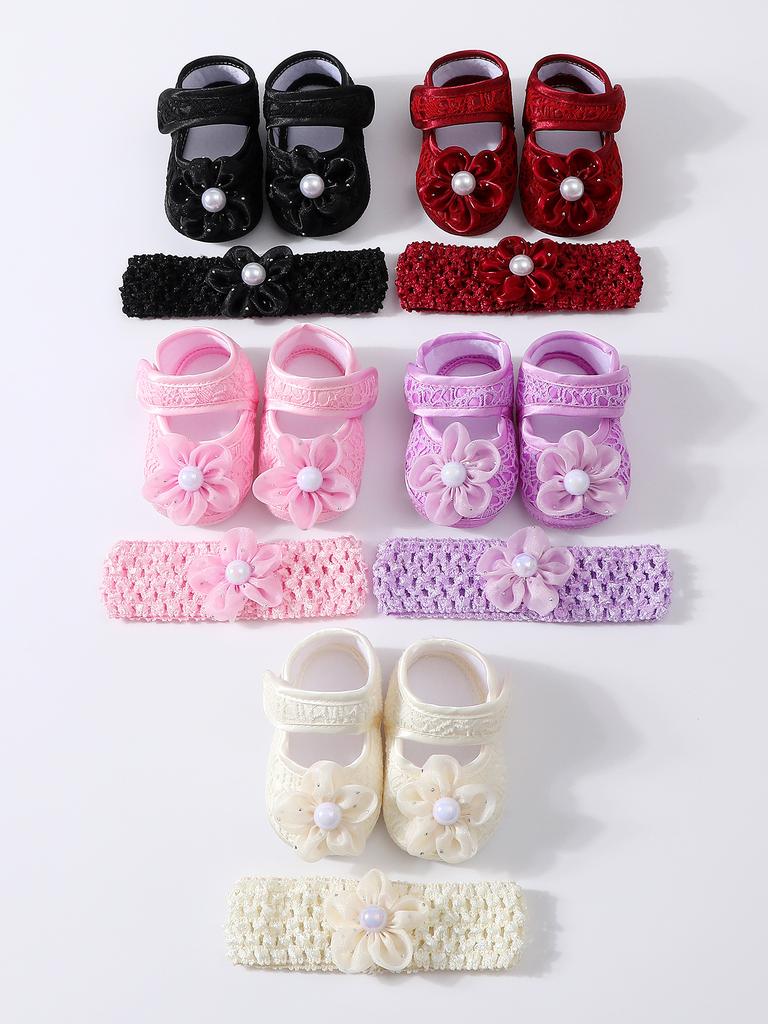 Baby Girls Lace Pearl Rhinestone Bow Crib Shoes & Matching Crochet Headband Set, Soft Dot Anti-Slip Magic Tape Mary Jane Princess Shoes