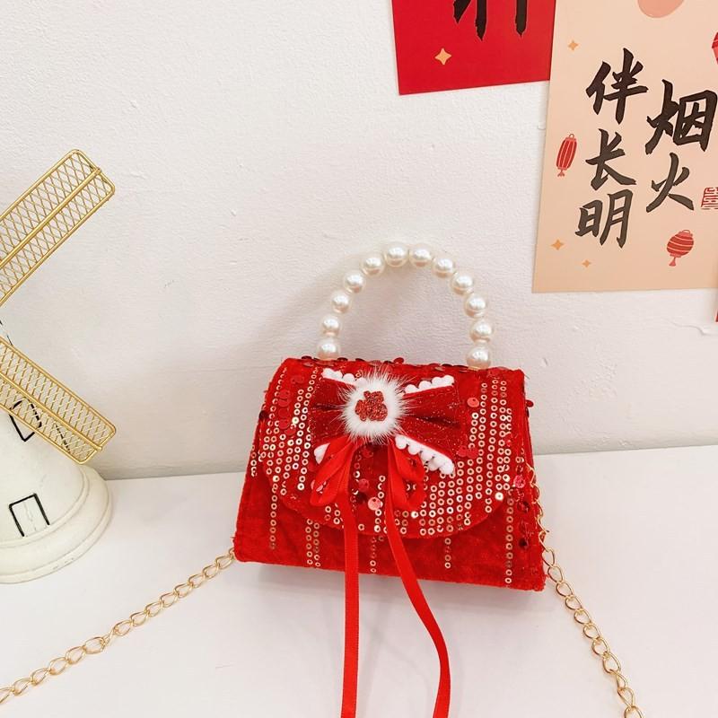 Adorable Red Shimmering Bow Pearl Children's Shoulder Bag For New Year Celebrations