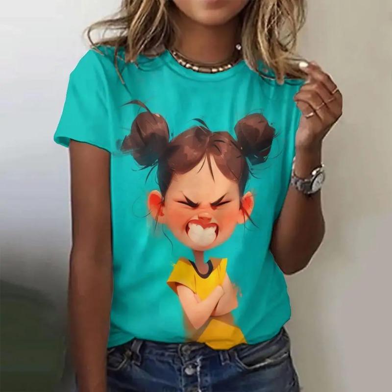 Summer Women's T Shirt Anime Girl Pattern Print Casual Short Sleeve Pullover Fashion Streetwear Cute Girl Tee Female Clothing