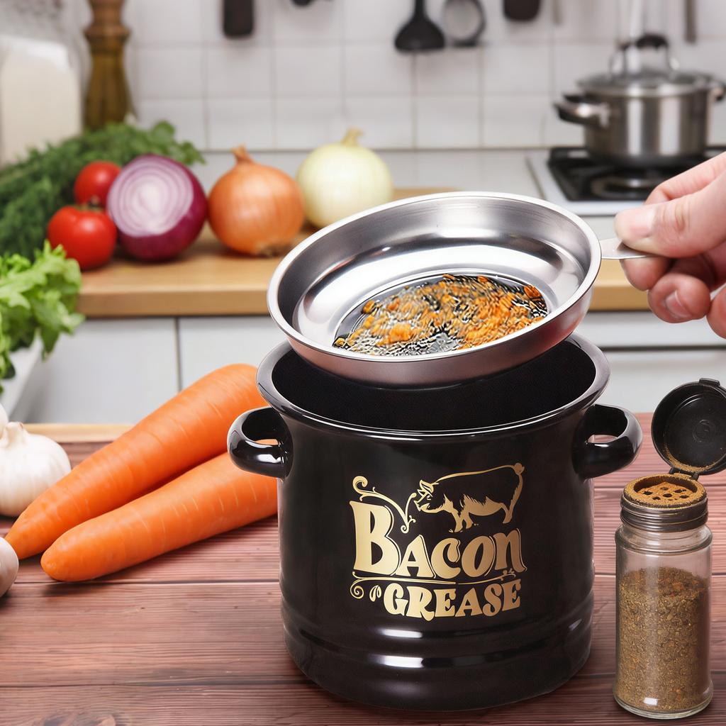 Enamel Bacon Grease Container with Strainer Large Kitchen Oil Storage Can for Cooking Frying, Baking, Storage Recycling