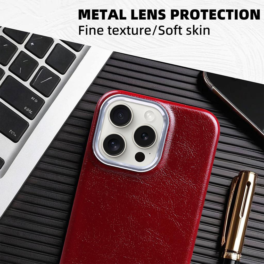 Coque Tout Compris en Cuir PU à Cadre Métallique Texturé Rétro Classique de Luxe Pour iPhone 15 Pro Max 16 14 Plus 13 12 11