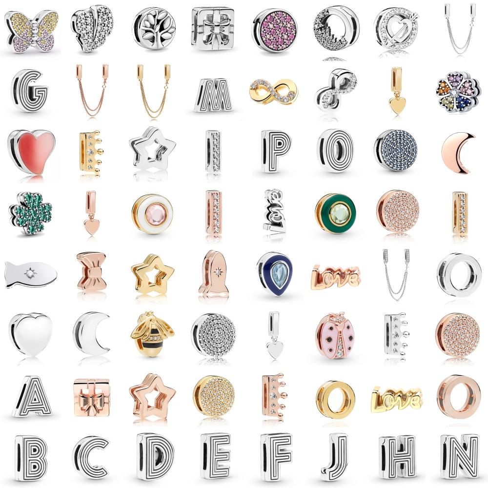 New Original 925 Silver Charms Reflections Clip Love Heart Clover Letters Beads Fit original flat Bracelet Diy Jewelry For Women