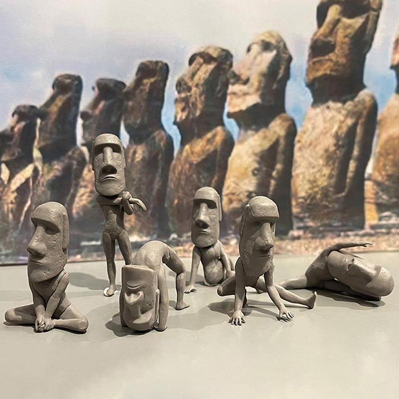Creative Moai Statue Set Easter Island Moai Sculpture PVC Stretching Exercise Moai Decor Mini Desk Figurines Desktop Decoration