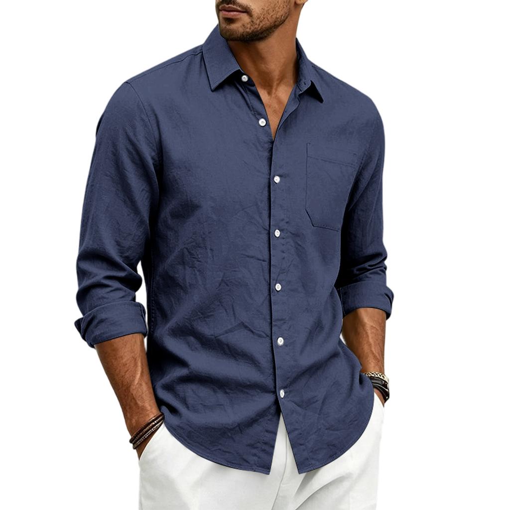 Men’s Linen Long Sleeve Shirt with Classic Turn-Down Collar and Single Chest Pocket Casual Relaxed Fit for Spring and Autumn