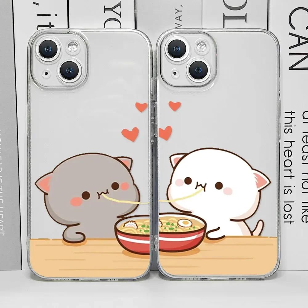 Funny Cartoon Heart Cat Paired Couple Phone Case for IPhone 11 12 13 16 15 Pro Max Mini X XS 7 8 14 Plus SE2 Clear Lovers Covers