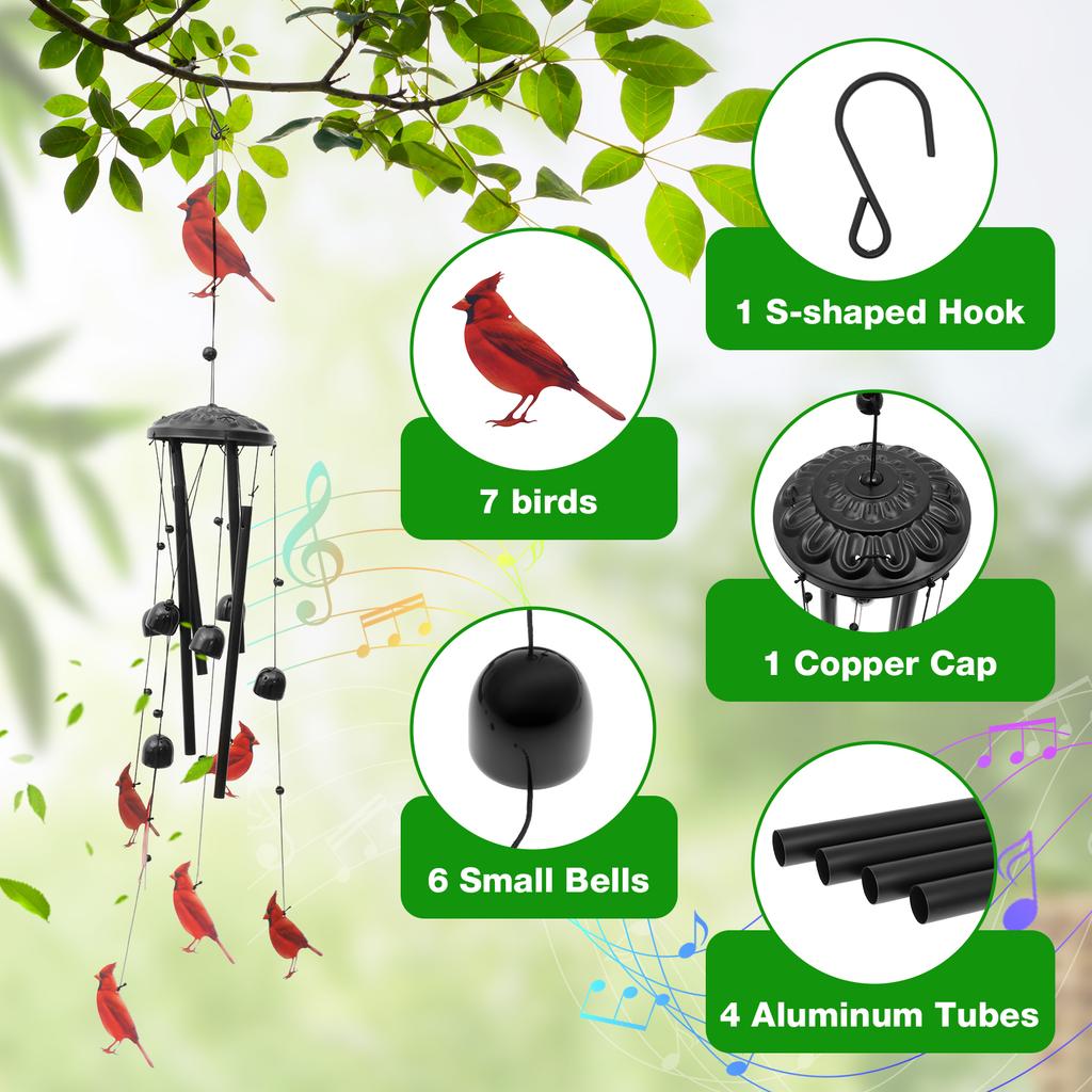 Decorative Bird Wind Chime Attractive Outdoor Wind Chime with 6 Bells and 4 Aluminum Tubes for Patio Tree Garden Wind Chimes