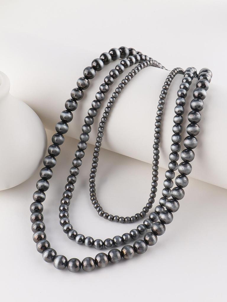 Retro European/American Brushed Tin CCB Necklace with Navajo-inspired Round Beads - Double-Layer for Men & Women