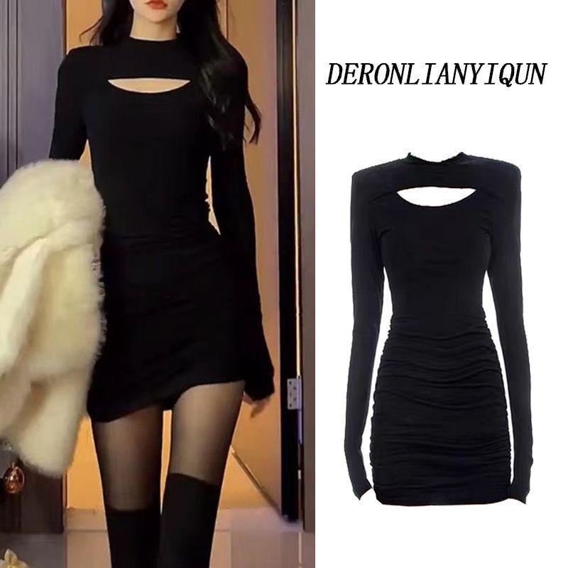 

Autumn/Winter 2025 Black Slim-Fit Long-Sleeve Dress with Hollow Out Hip-Hugging Skirt XS 50-60 jin