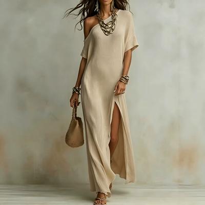Women's One Shoulder Short Sleeve Maxi Dress Loose Fit Loose Waist Boho Split Beach Dress