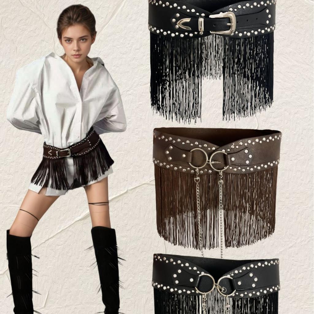 Vertical Tassel Riveted Belt and Wide Waist Seal Are Unique, Fashionable and Versatile, Featuring European and American Autumn and Winter Fashion