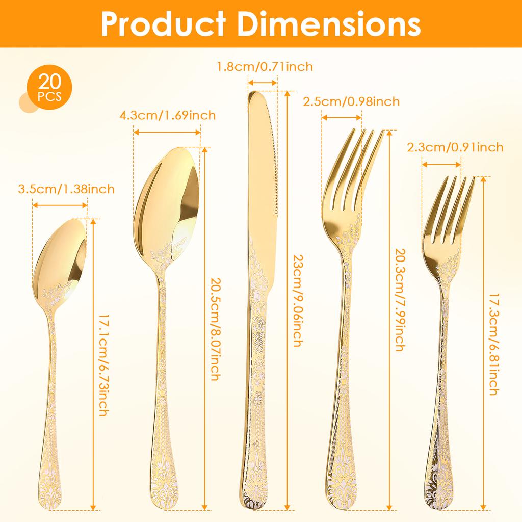 20 delig Bestekset Roestvrij Staal Diner Messen Lepels Vorken Set Bloemenpatroon Spiegelgepolijst Bestekset Vaatwasmachinebestendig