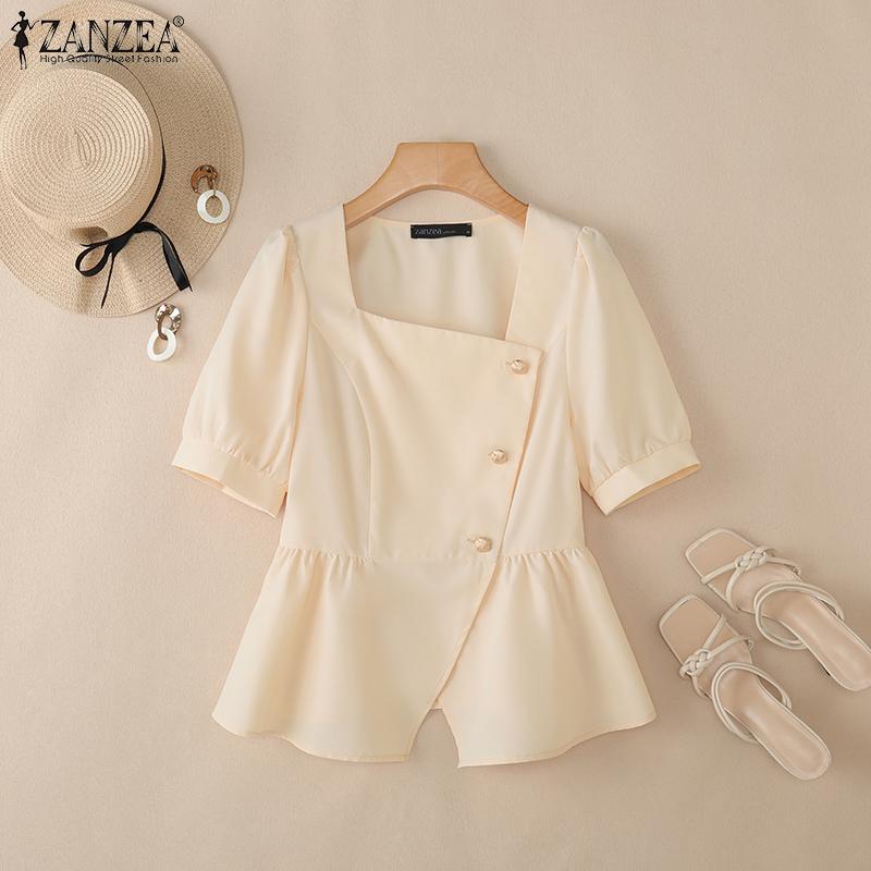 ZANZEA Women Square Collar Summer Short Sleeve Slim Blouse