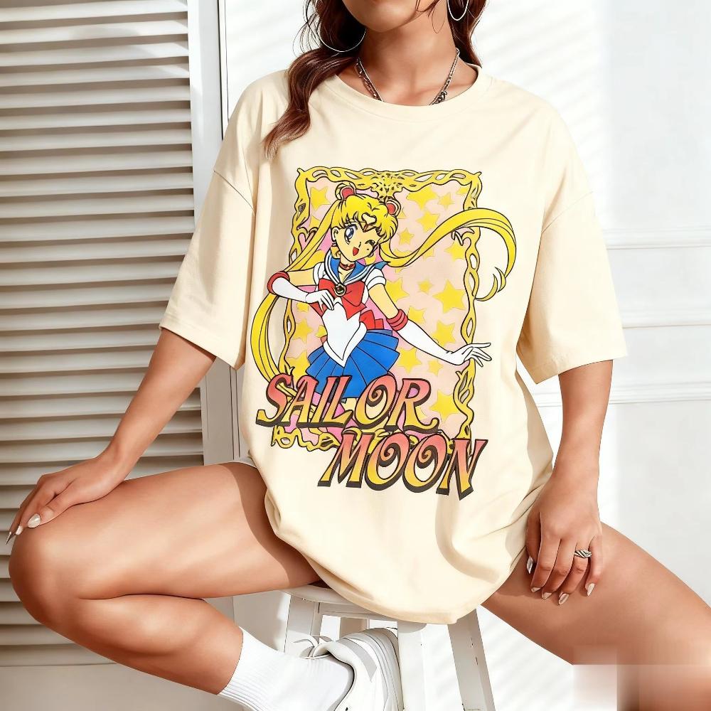 Summer Sailor Moon Graphic Tshirt Unisex Women Anime Print Short Sleeve Tee Oversized Casual Fashion Y2k Clothes Cotton