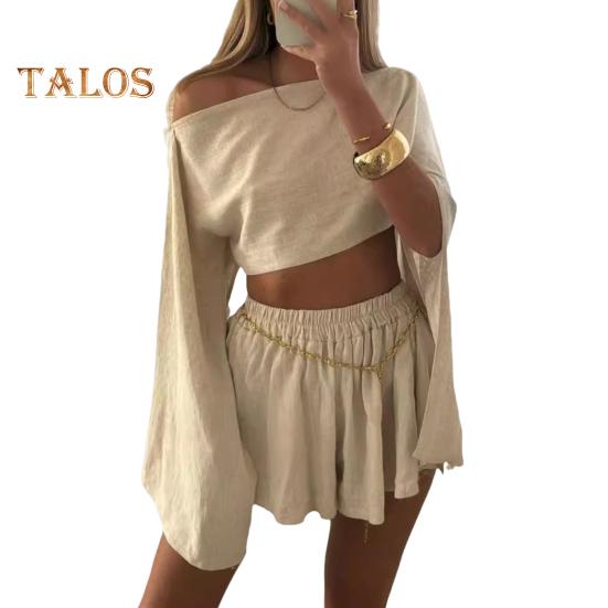 

2 шт./компл., женский укороченный топ, комплект с шортами, длинный рукав с разрезом, вырез лодочкой, с открытыми плечами, однотонная блузка, эластичная талия, плиссированные облегающие шорты, комплект L бежевый