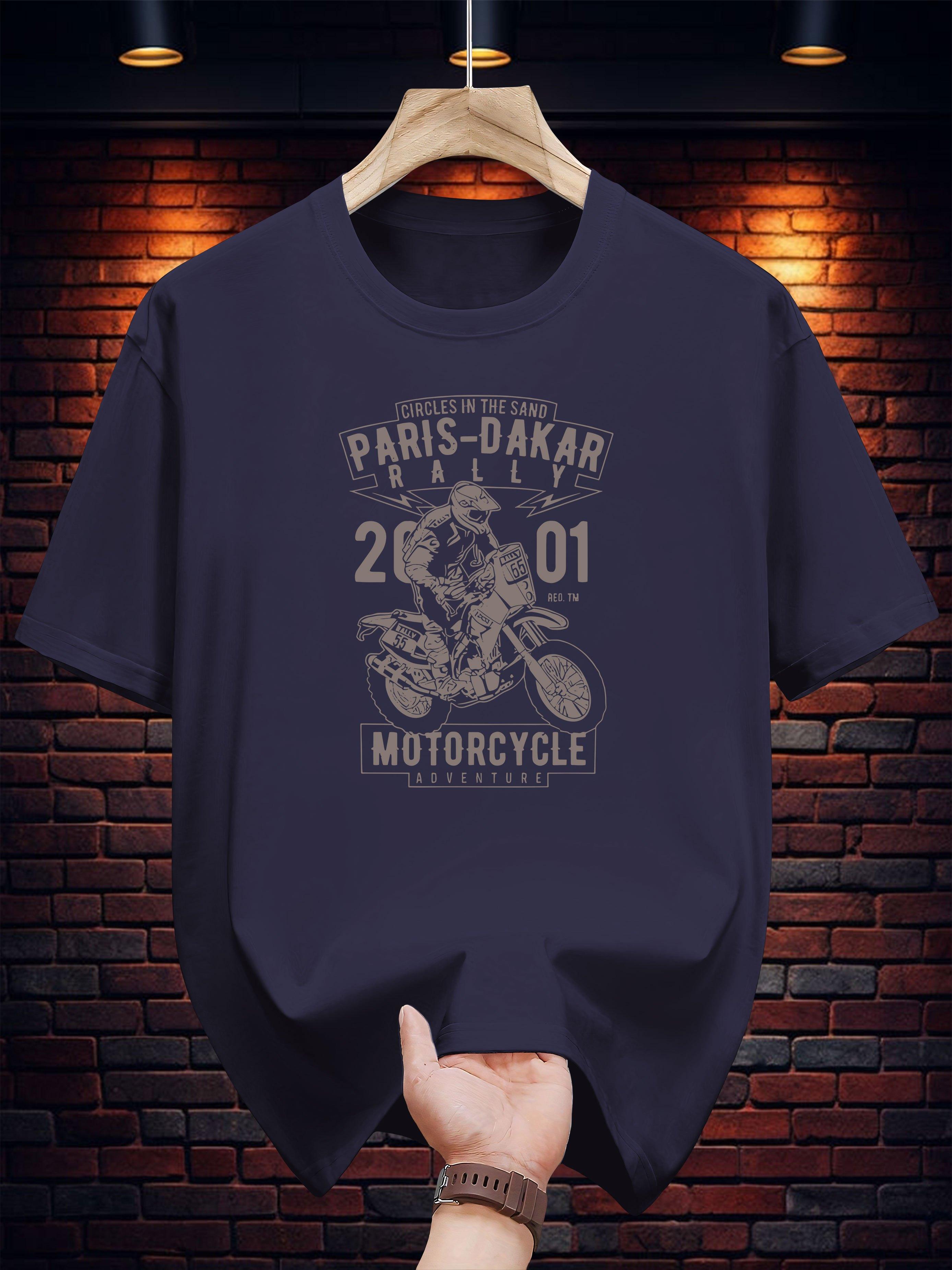 Paris-Dakar Rally Graphic T-shirt - Black Short Sleeve Crewneck with Motorcycle Print L