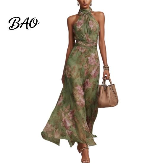High-waisted Dress Floral Chiffon for Women, Halter Sleeveless Ruched Maxi Green Print Dress, Turtle Neck Wedding Guest Cocktail Evening Pleated Waist